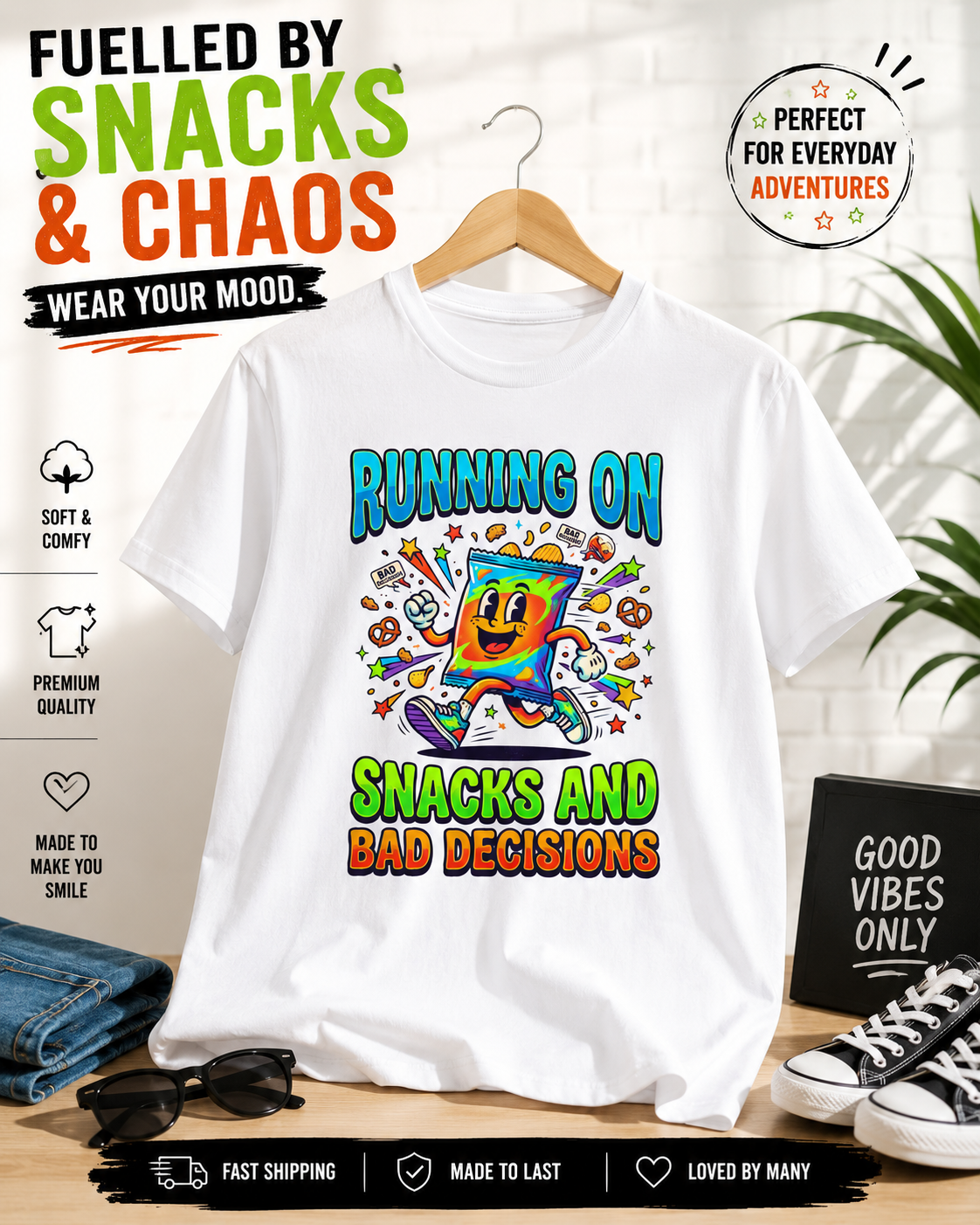 T-Shirt — "Running On Snacks and Bad Decisions" Retro Cartoon Snack Tee