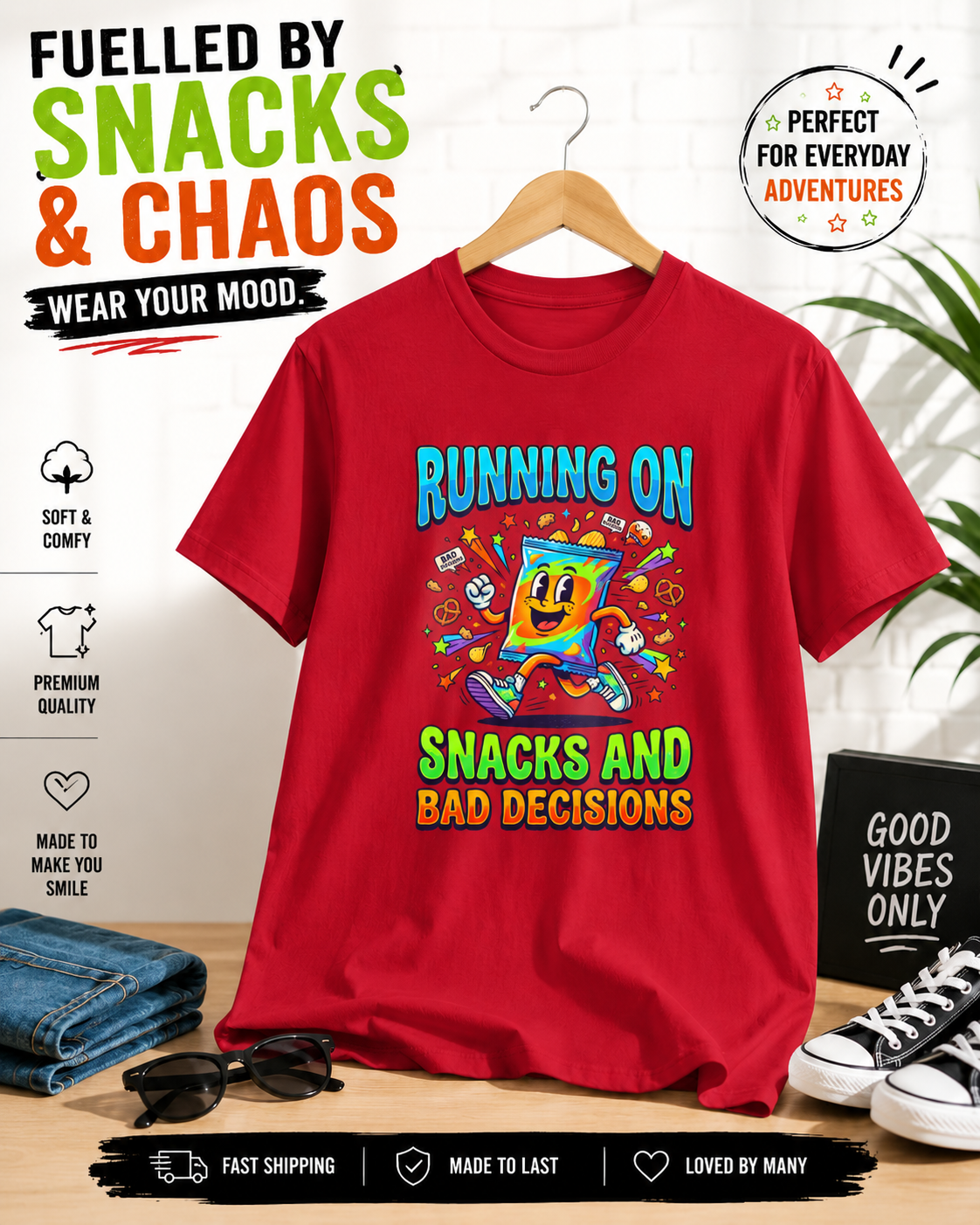 T-Shirt — "Running On Snacks and Bad Decisions" Retro Cartoon Snack Tee