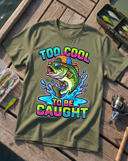 Too Cool To Be Caught Funny Fishing T-Shirt – Bass Graphic Tee
